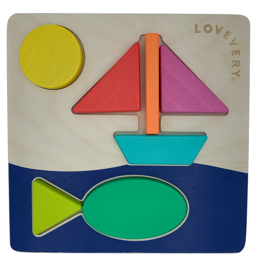 Double sided wooden shapes boat & house puzzle